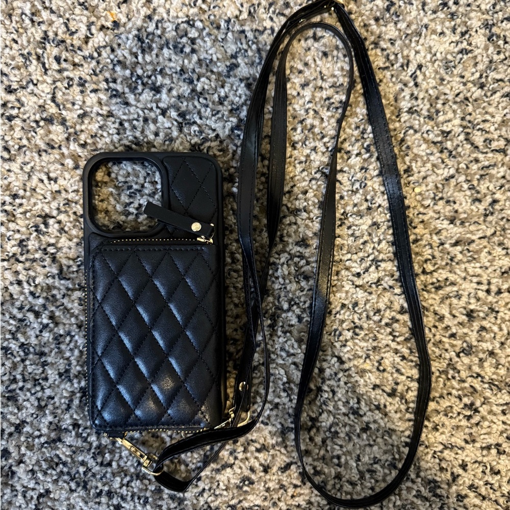 Elegant Black Quilted Phone Case with Strap